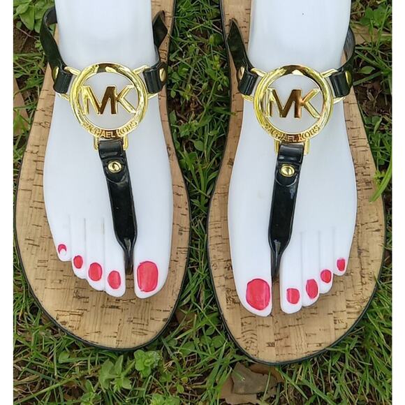 Michael Kors Black Thong w/Gold MK Logo PVC Flip Flop Sandals Cork Soles Size 10 - Picture 5 of 9